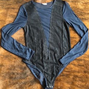 free people navy mesh + black lace bodysuit